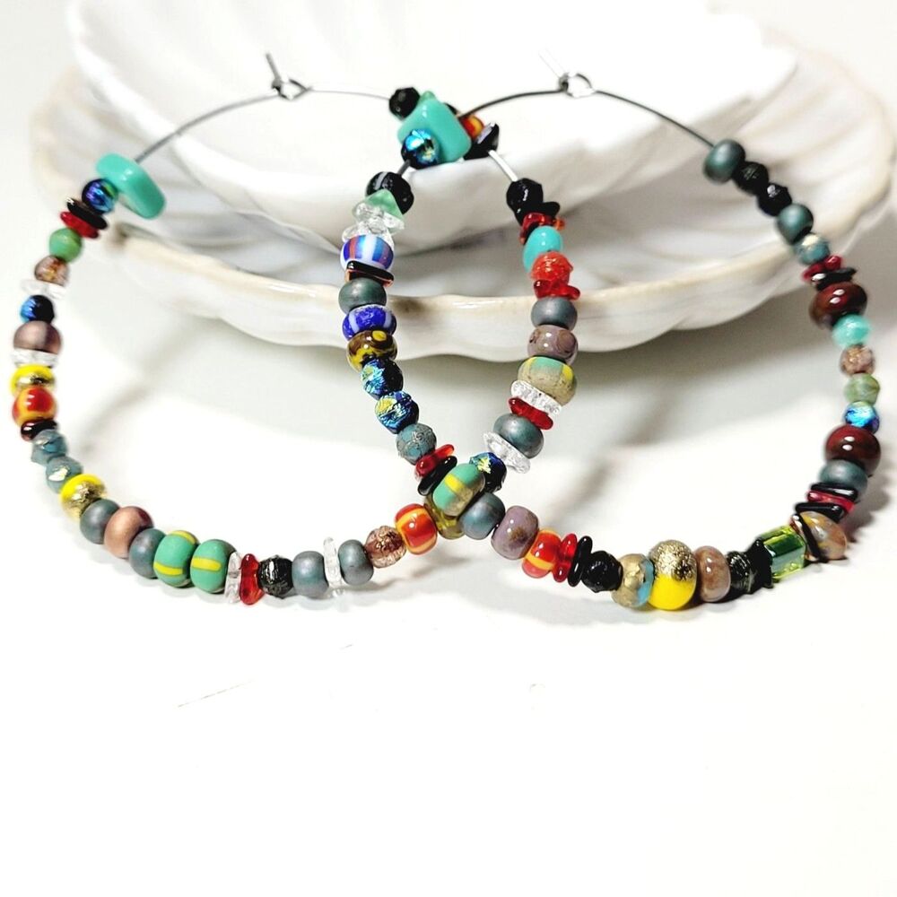 Hoop Earrings  658#FS bohemian multicolor beaded big hoop earrings art 2G summer